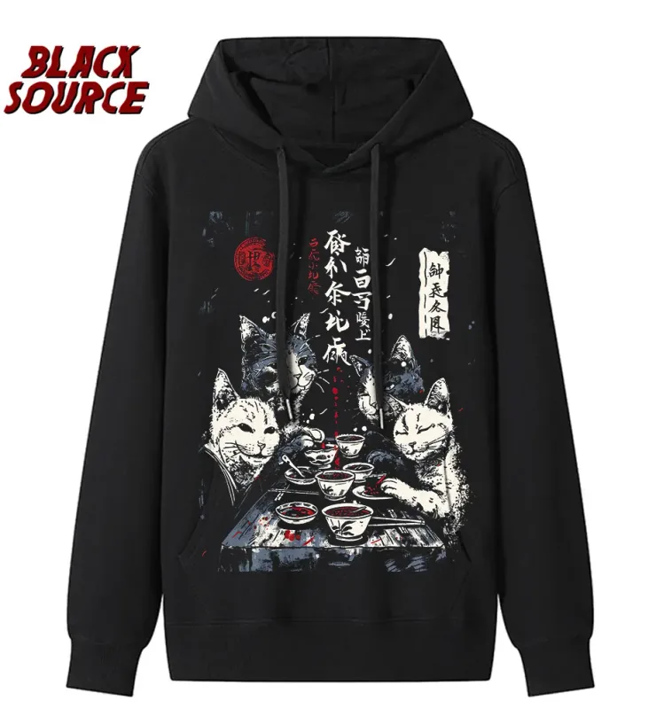 T0220 Cute Ramen Japanese Cat Hoodie, Unisex Cartoon Graphic Pullover Sweatshirt, Casual Streetwear Loose Fit Daily Wear