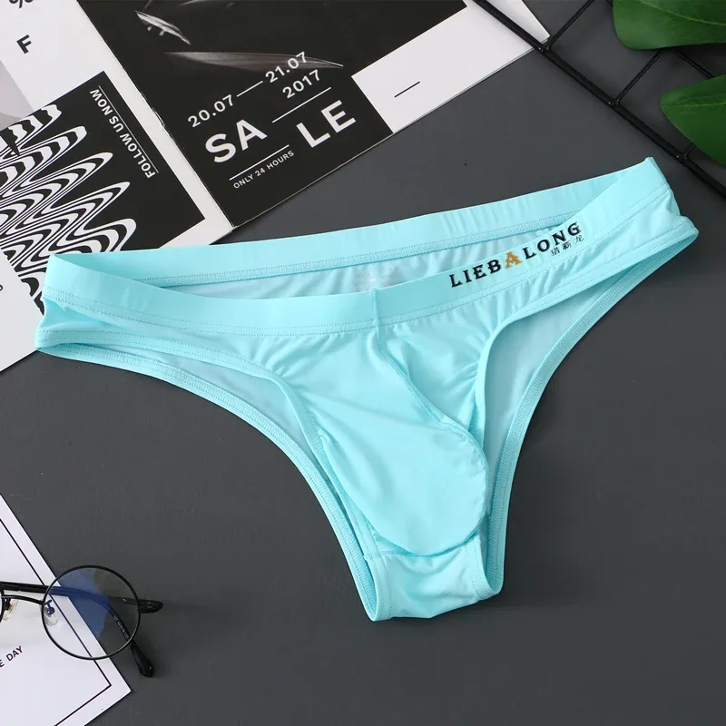 Slip homme Bikini sous-vêtements Sexy homme soie glacée pochette pénis Slip Cuecas Calzoncillos Hombre Slip Gay Lingerie solide homme