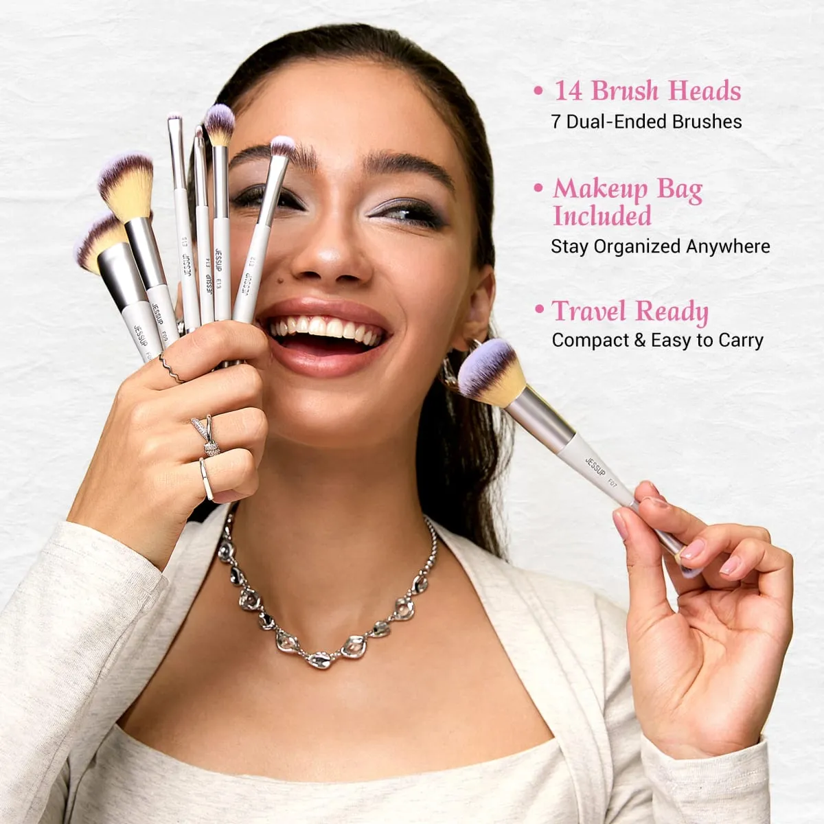 Jessup pincéis de maquiagem conjunto 3/7 pçs dupla terminou base sintética blush destaque mistura escova de sobrancelha com saco cinza silencioso t520