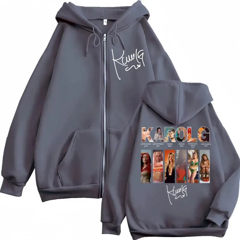 Karol G Tropicoqueta Album Zipper Hoodie Men Women Fashion Pop Music Zip Up Sweatshirts High Quality Fleece Oversized Pullovers