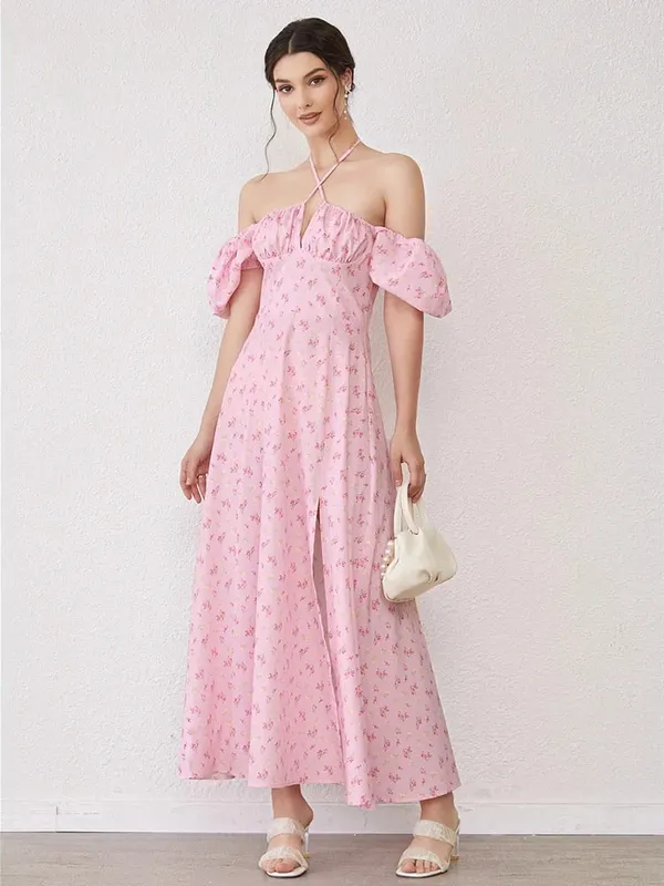 NewAsia Floral Print Dress Sweet Square Neck Puff Sleeve Side Spilt Drawstring Maxi Dresses for Women Party Chic Casual Outfits — image 15