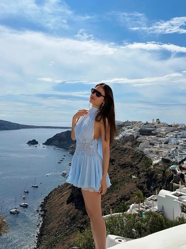 Sexet Hollow Out Solid Kvinder Min Kjole Strand Plisseret Snøring Rygløs Ærmeløse Kvinder Kjoler 2026 Summer Lady Robe Ny