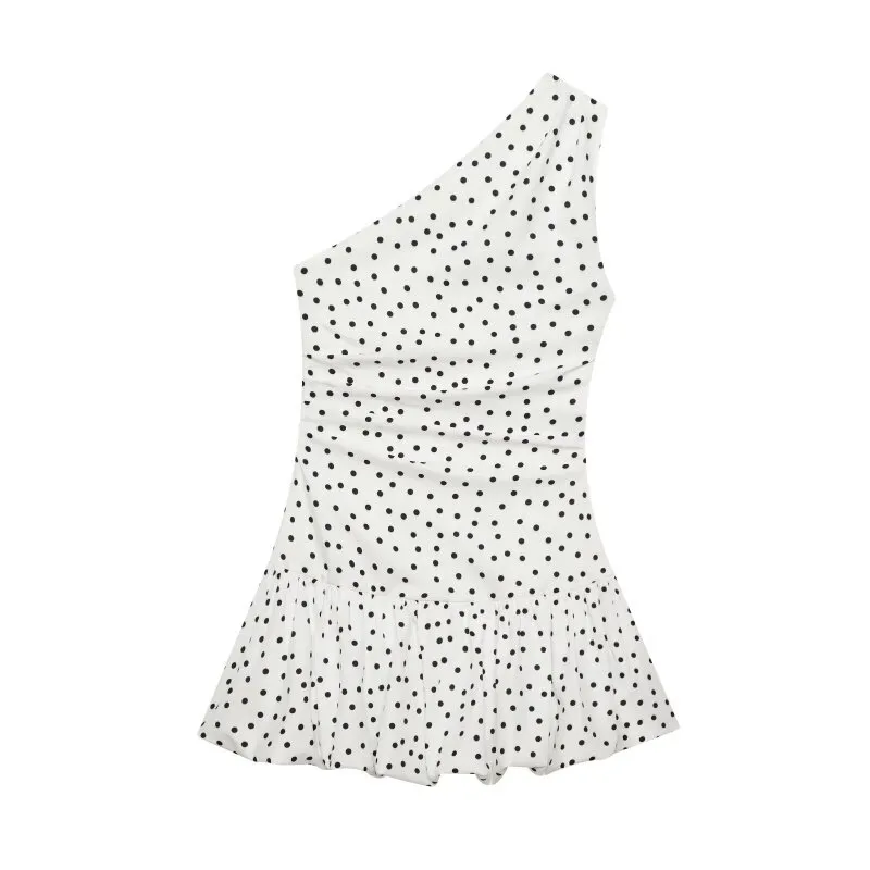 Women One Shoulder Sleeveless Polka Dot Mini Dress Ruched Waist Ruffle Hem Elegant Casual Party Short Dress Spring Summer — image 5