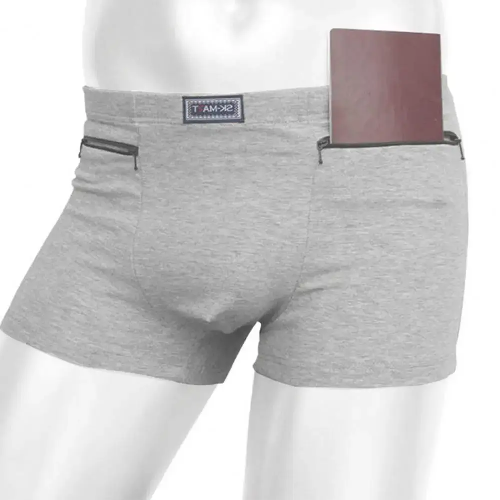 Men's Pockets Anti-theft Briefs Boxer Seamless Elastic Panties Solid Color U-Bump Male Shorts Underpants Daily Wear