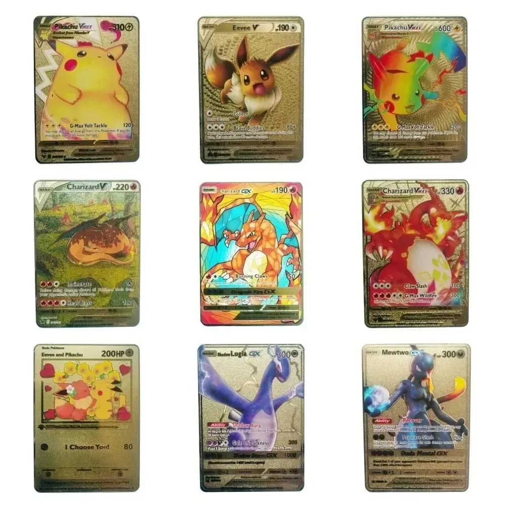 Van Gogh Museum Pokemon English Metal Card Anime Pikachu Charizard Mewtwo Shiny Letters Game Collection Card Kids Toy Gifts