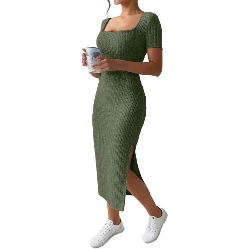 Summer Square Neck Hip-Hugging Mid-Length Skirt Short-Sleeved Versatile Knitted Slit Dress