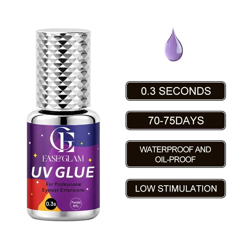 EaseGlam 0.3S UV Eyelash Glue for Lash Extension Low Irritation Strong UV Lash Glue for Makeup Black Purple Led Adhesive 4 Color