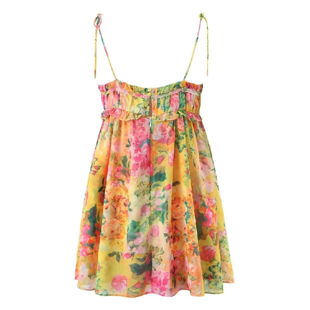 Women Bow Lacing up Sling Robe Holiday BOHO Ruched Chest Orange Flower Print Spaghetti Strap Mini Dress