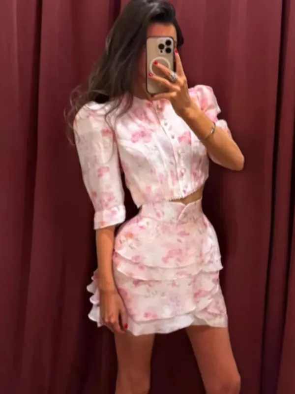 Chic Ruffle Print Slim Short Dress Women Chic Patchwork Flared sleeves V-neck Pleated Dresses 2026 Lady Summer Casual Vestidos