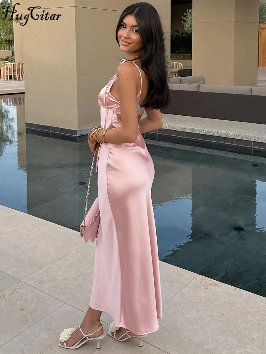 Hugcitar Scollo a V Solid Sottovesti Backless Scava Fuori Lace Up Sexy Aderente Maxi Abito da ballo Estate Donna Abiti eleganti Festa di compleanno