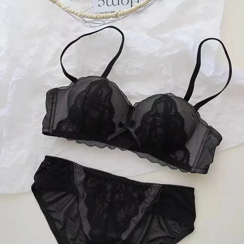 French Lace Half Cup Bra Set Wireless Push Up Small Breast Enhance Lift Anti Sagging Comfort Sexy Lingerie Set for Women