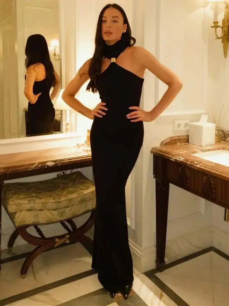 Balitops anel de ouro gola alta maxi tanque vestido feminino verão novo fino ajuste vestido feminino sem mangas volta dividir bodycon vestido longo