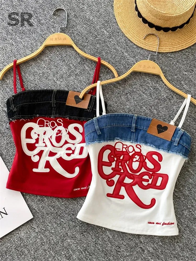 American Retro Y2k Strap Tops Letter Embroidery Denim Patchwork Fashion Design Women Hotsweet Streetwear Slim Crop Top — image 2