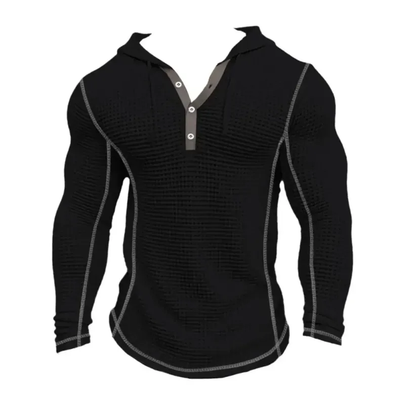 Waffle Solid Fabric Slim Fit Hoodies Men V-neck Button Casual Sweatshirts Hip Hop Street Sweater Men's Sports Tops Long Sleeve