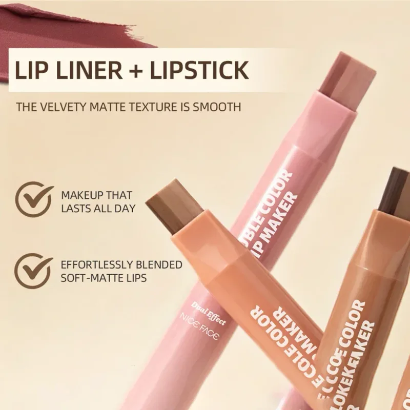 Natural Nude Double‑Color Matte Lip Liner Pen Waterproof Long‑Lasting Plumping Lip Stain Contour Women Makeup Cosmetics