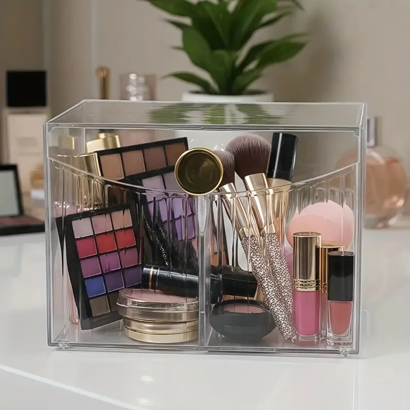 Clear Acrylic Makeup Brushes Holder with 2 Compartments and Flip Cover Makeup Tools Organizer Lipstick Holder Cosmetics Storage