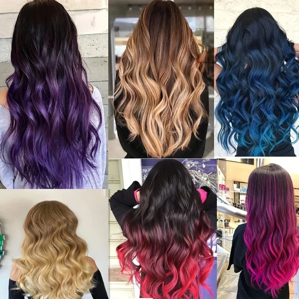 Clip in Hair Extensions Ombre Color Synthetic 7pcs Set Wavy Curly Hairpieces Black to Purple For Women Girls