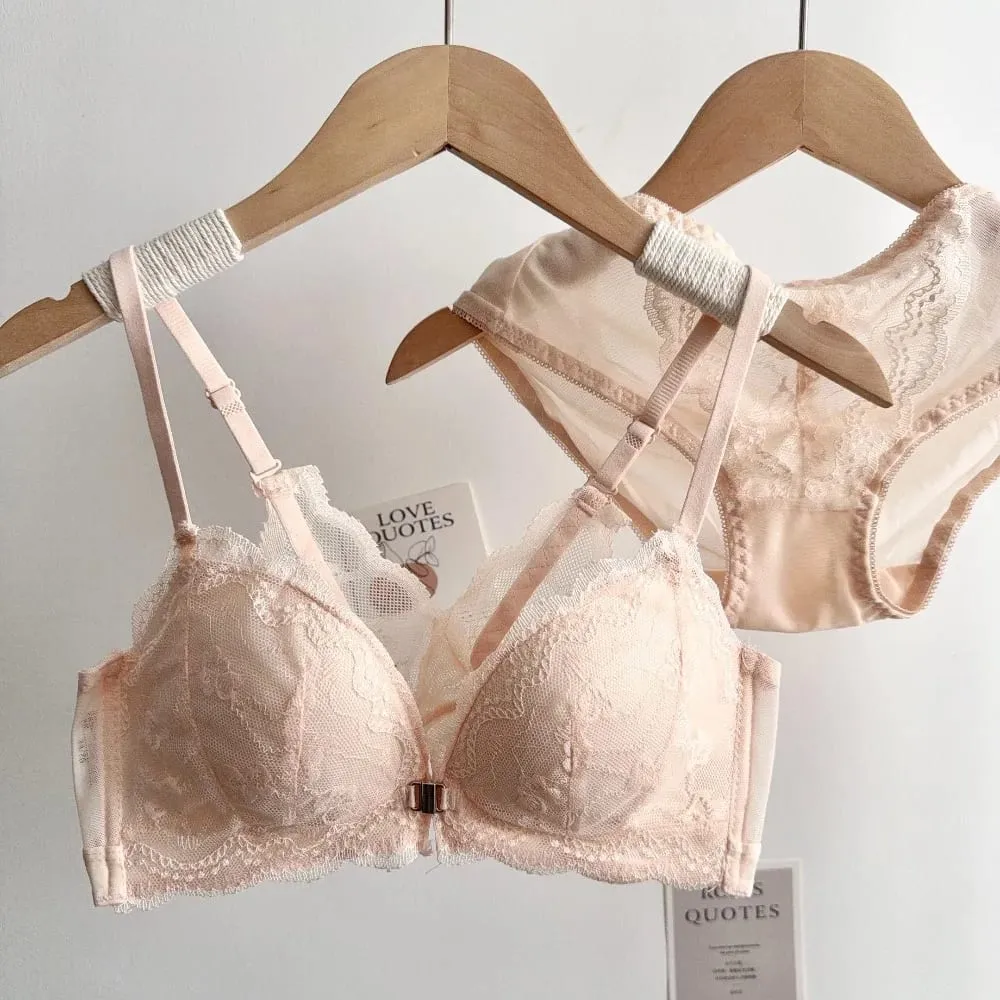 Set Bra Renda Payudara Kecil Wanita Penutupan Depan Wayarles Cantik Belakang Tekan Ke Atas Bra Pakaian Dalam Harian Lembut Saiz 32‑38AB — image 5