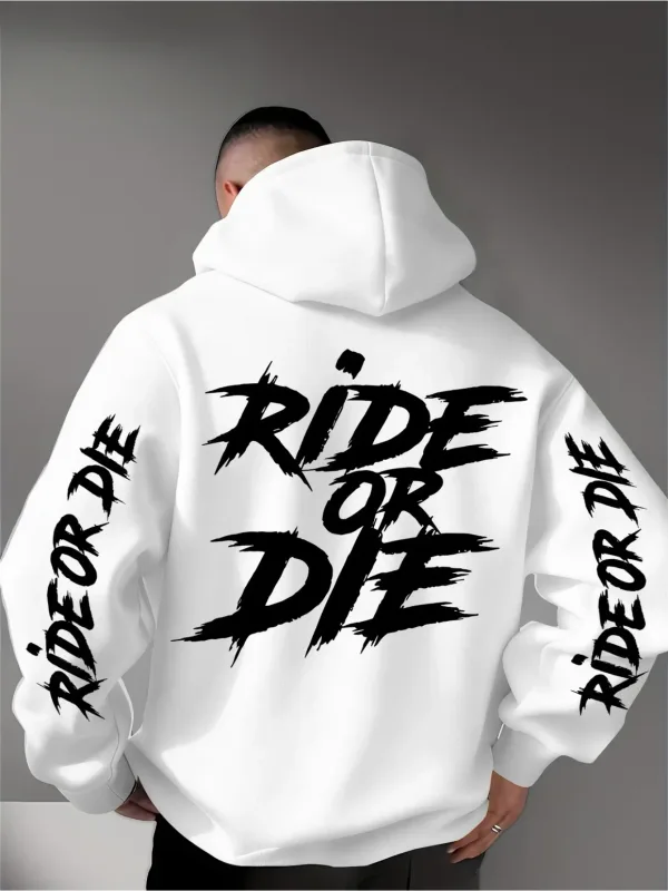 Men's Ride Or Die Hoodie Biker Motorcycle Graphic Back Sleeve Print Oversized Pullover Sweatshirt Streetwear Autumn Winter