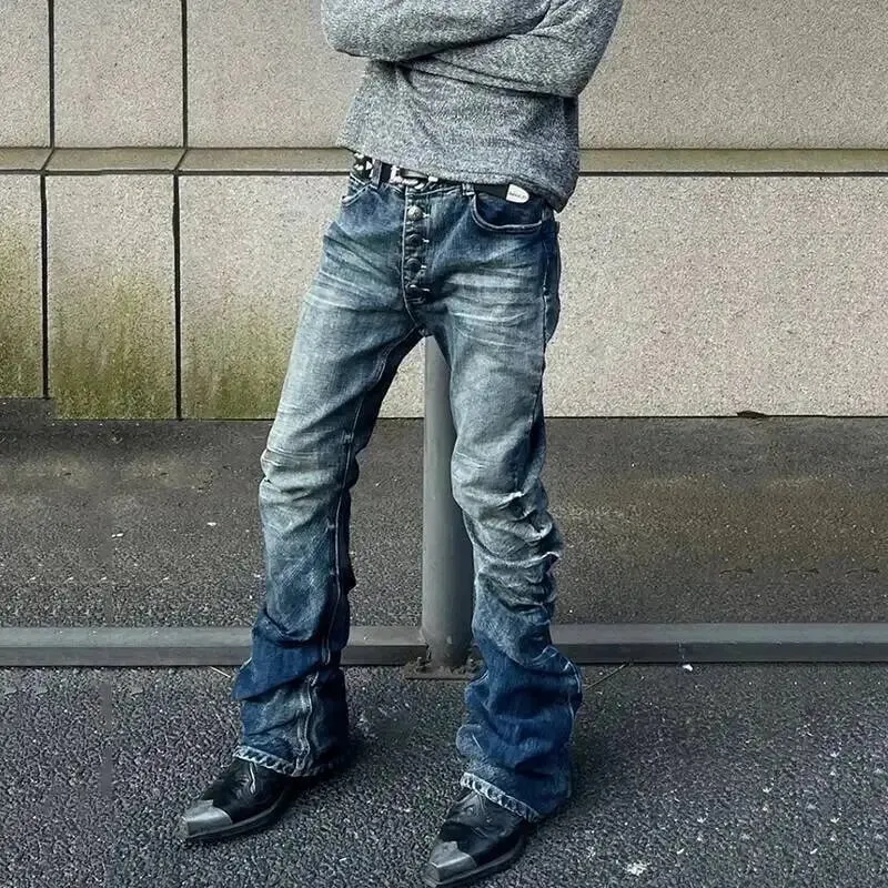 American Style Men's Denim Pants Washing Button Design Pleated Loose Jeans Contrast Color Casual Male Bottom Vintage 4K5156