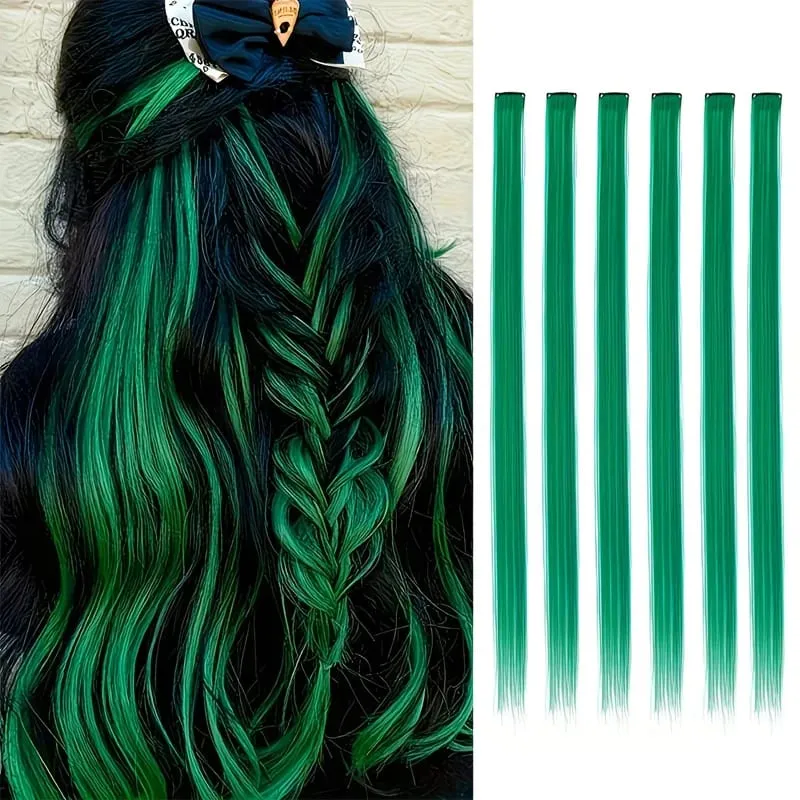 22 Inch Green Heat-Resistant Synthetic Hair Party Pick Hair Clip Wig Green Hair Extensions Set Messy Bun Clip Extensions — image 2