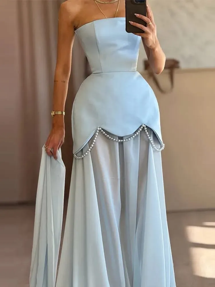 Solid Color Tie Accent Floral Hem Evening Gown Strapless Paneled Pearl Chain 2026 Elegant Women Dress Fashion Chic Lady Vestido