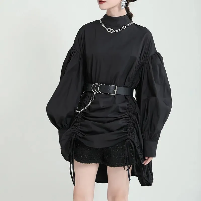 2025 Women Irregular Drawstring Big Size White Blouse New Stand Collar Long Sleeve Shirt Fashion Tide Spring Autumn — image 3