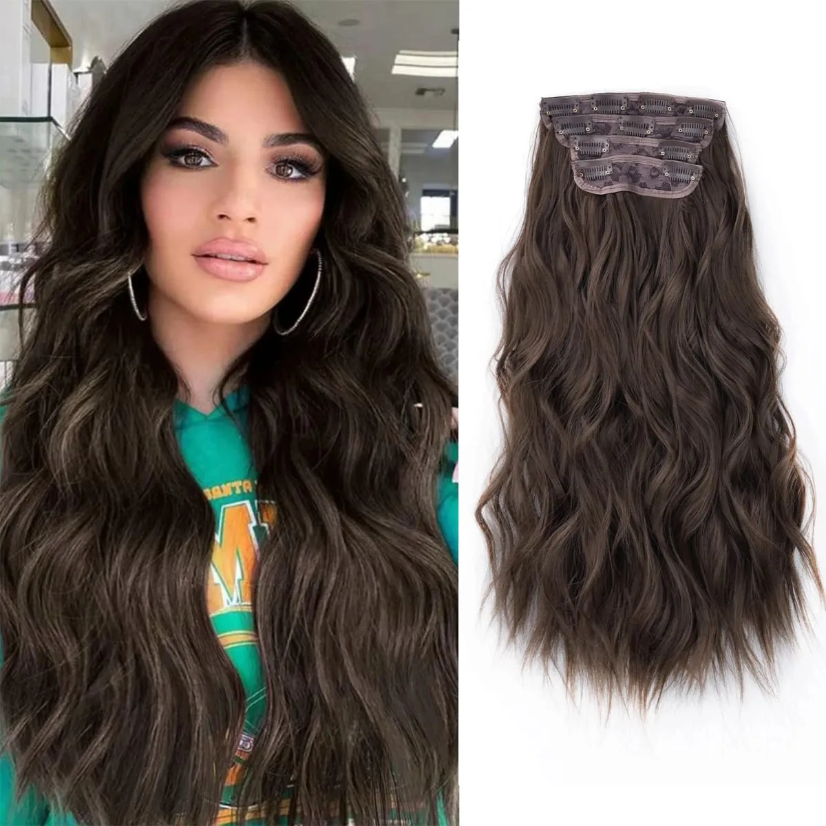 linwan Clip In Hair Extensions 4 PCS Full Head 20 Inch Long Curly Wavy Synthetic Hair Pieces Natural Wavy For Women Girls Hair
