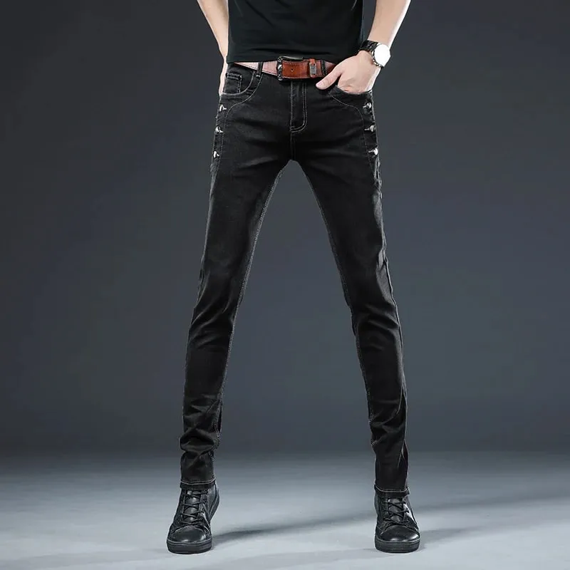 New Men Slim Button Black Skinny Jeans Solid Color Stretch Skateboard Multi-button Youth Male Denim Pants