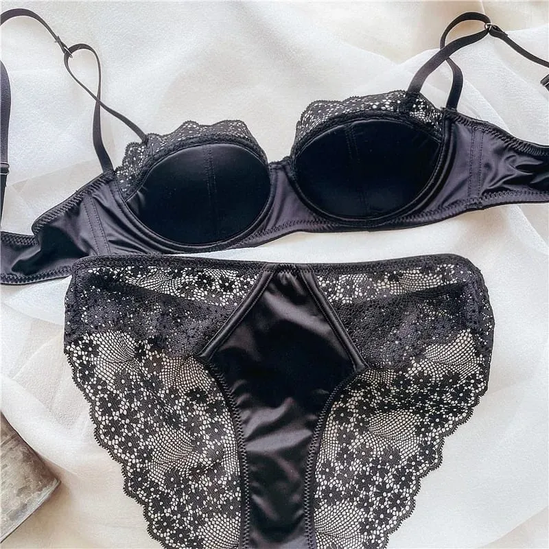 Hot Push Up Lace Bra Set Sexy Lingerie Minimizer Underwire Anti-Sagging Side Coverage Balconette for Big Bust Women 32-38 Suit