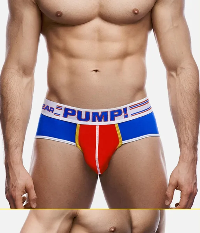 Men's Cotton Color Block Briefs, Pump! Logo Wide Waistband Low Rise Sexy 3D Convex Pouch Underwear