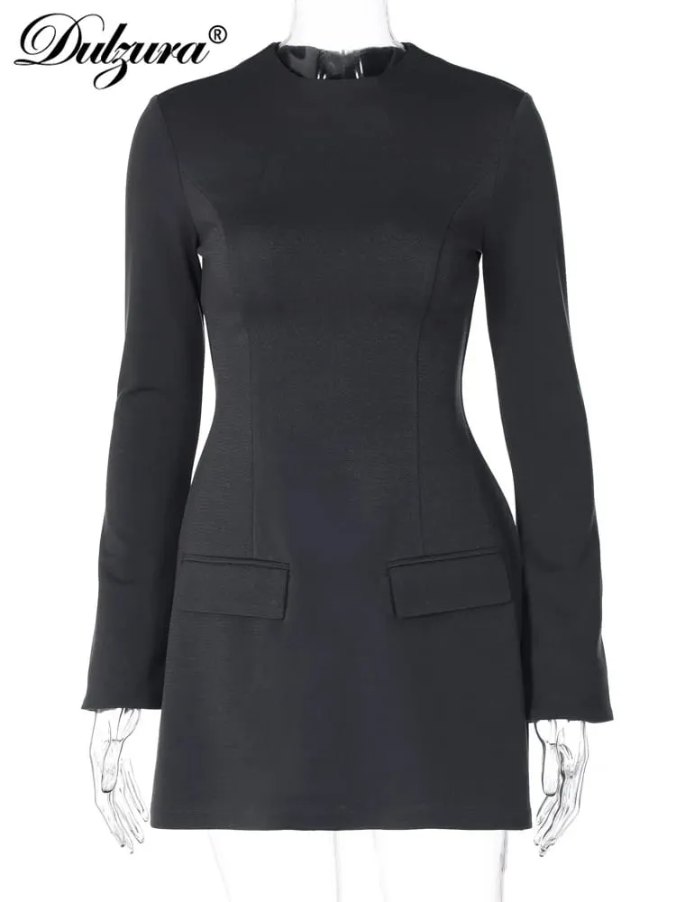 Dulzura Long Sleeves Zipper Bodycon Mini Dress With Pocket Solid Elegant Outfit Office Streetwear Women’S Autumn Winter Clothes