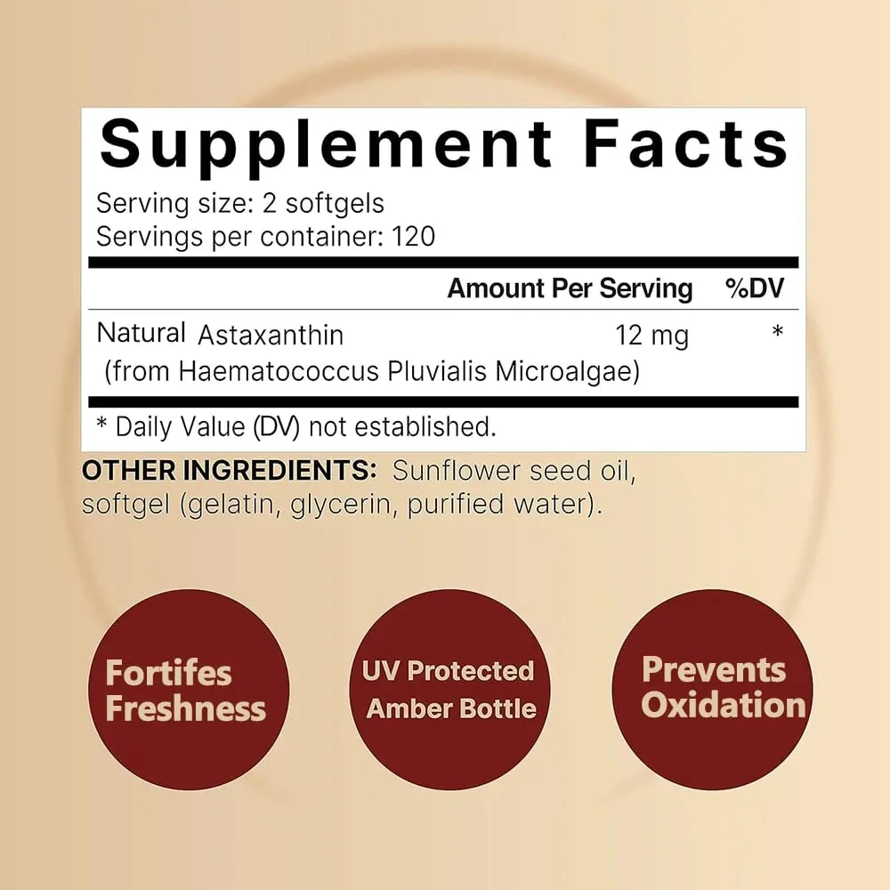 Astaxanthin 12mg Softgels - Astaxanthin Antioxidant Supplements Supports Eye Joint Skin & Circulation Health Natural Tanning