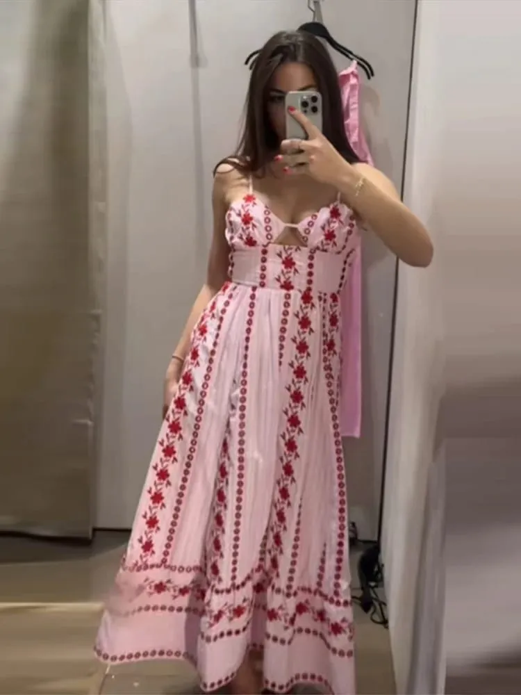 Sleeveless Women's Floral Print Maxi Dress Spaghetti Strap Sweetheart Neck Flowy Boho Vacation Dresses Summer New Cute Wear
