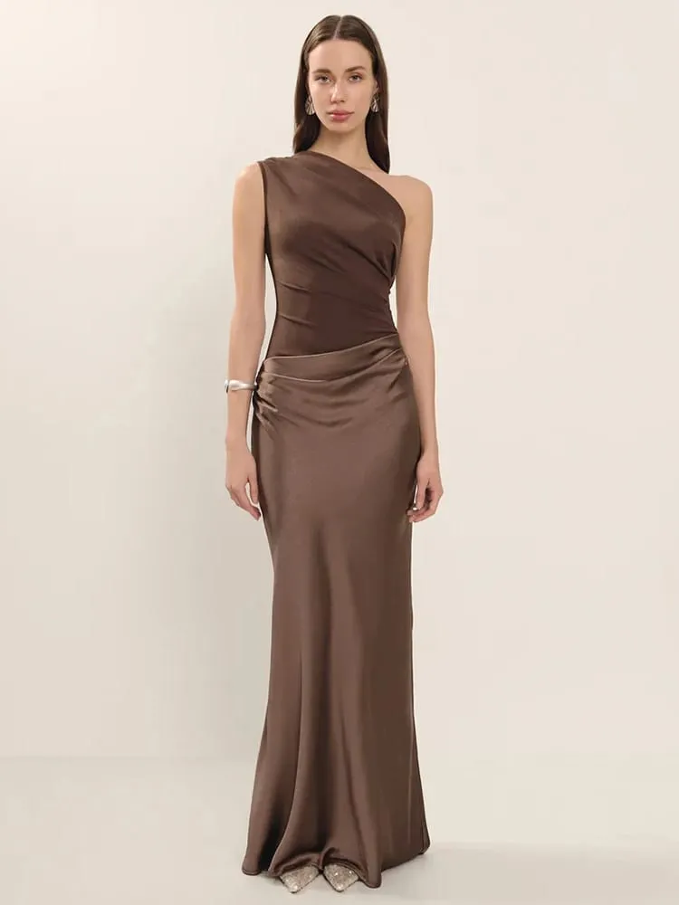 Mozision Satin Inclined Shoulder Sexy Maxi Dress Women Fashion Patchwork Sleeveless Backless Bodycon Evening Club Party Dress