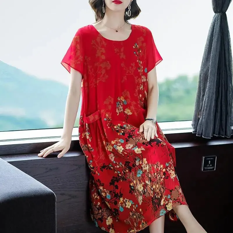 2023 Summer Short Sleeve Casual Stylish Round Neck Dresses Female Folds Floral Printed Commute A-Line Loose Pockets Midi Dress