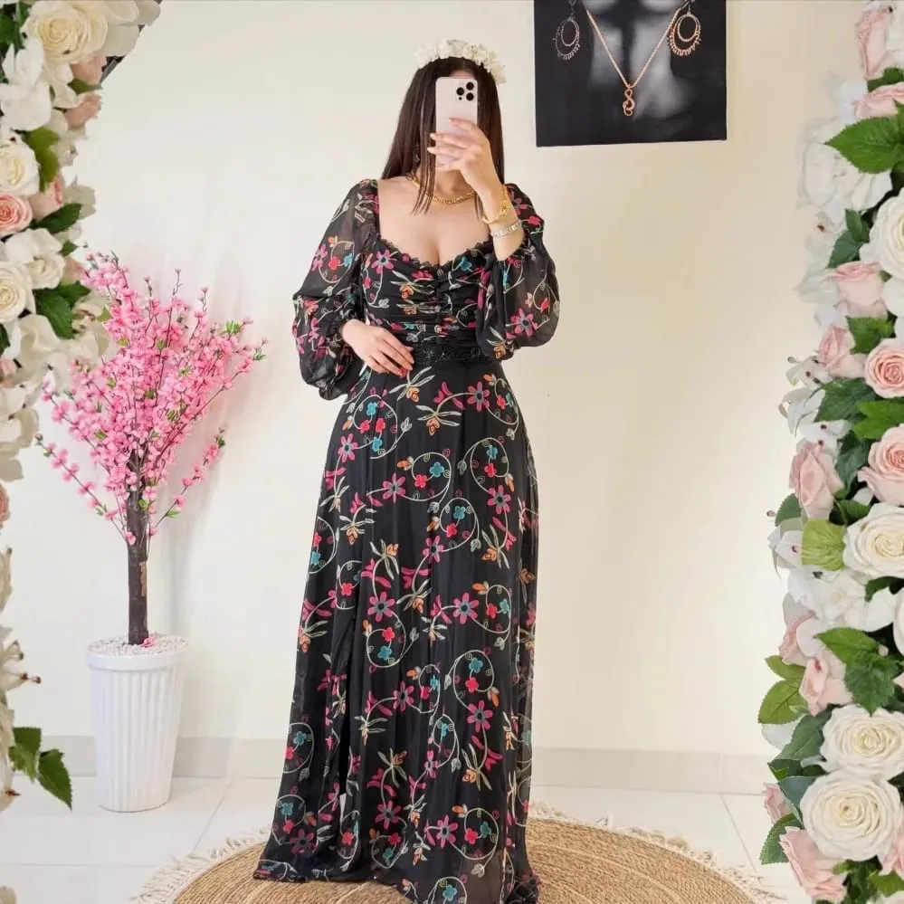 2025 Spring Summer American New Fashion Women's Printed Lace V-neck Long Sleeve Ankle Length Casual Trendy Chiffon Dress Female — image 4