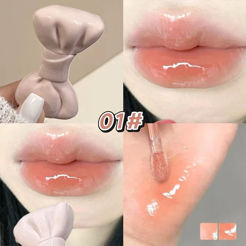 Bow Tube Jelly Mirror Lip Gloss Tomato Red Moisturizing Lip Tint Watery Glass Glossy Waterproof Lip Glaze Plump Lips Cosmetics