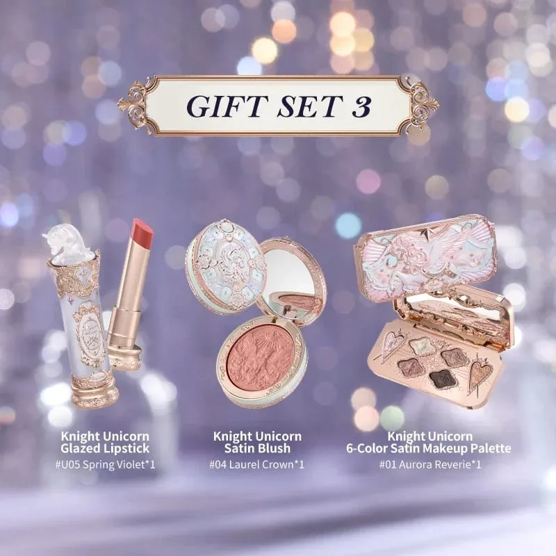 Flower Knows Knight Unicorn Collection Makeup Gift Set 3PCS Kit Eye Shadow Palette Long Lasting Lipstick Blusher Setting Powder