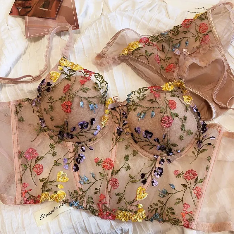 Extended Embroidered Bra And Panty Set Floral Lace Women Underwear Sexy Female Thin Cotton Cup Push Up Lingerie Suit