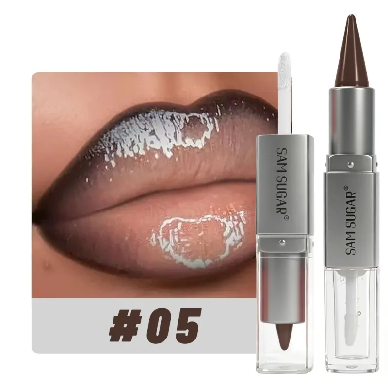 Pelapik Bibir & Lip Gloss 2 dalam 1 Dwi Berakhir Menghidratkan Gincu Tidak Melekat Matte Baldu Outline Krayon dengan Sapuan Bibir Montok Berkilat