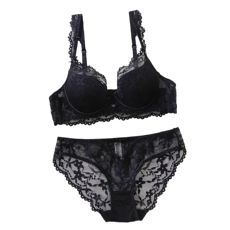 Ladies Soft Underwire Lace Push Up Bra Set Solid Floral Design Bralette Comfort Female Lingerie Set Suitable For A/B/C Cup