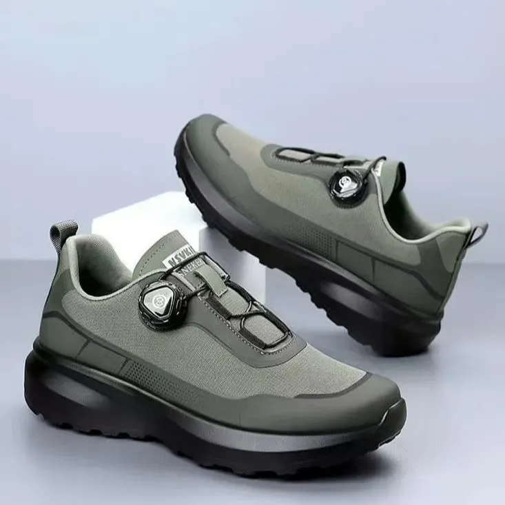 Men's Casual Running Shoes with Rotating Button Black Slip Resistant Thick Sole Outdoor Sports Sneakers for Commuting