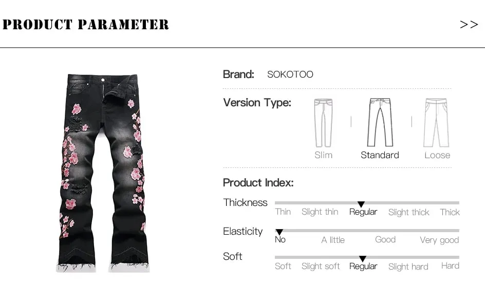 Men Sakura Embroidery Denim Jeans Streetwear Boot Cut Pants Released Hem Flared Trousers with Ripped And Cherry Blossom Design