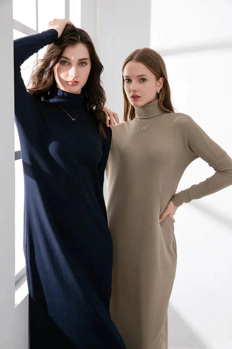 AS 2024 musim sejuk turteneck menebal ribbing dress lembut dan selesa asas turn-down collar maxi dress (Hantar keluar dalam 1 hari)