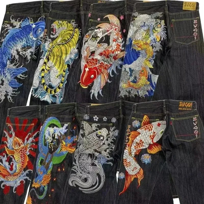 Japanese hip-hop Brocade carp printed jeans same style couple washed high waist retro casual loose ins straight wide leg pants — image 2