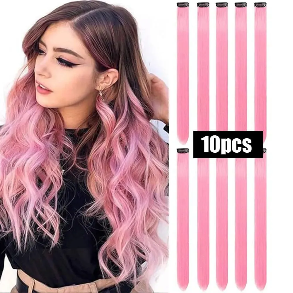 10 PCS Colored Hair Extensions Straight Hairpiece Multi-colors Party Highlights Clip in Synthetic for Women Girls Cosplay Gift