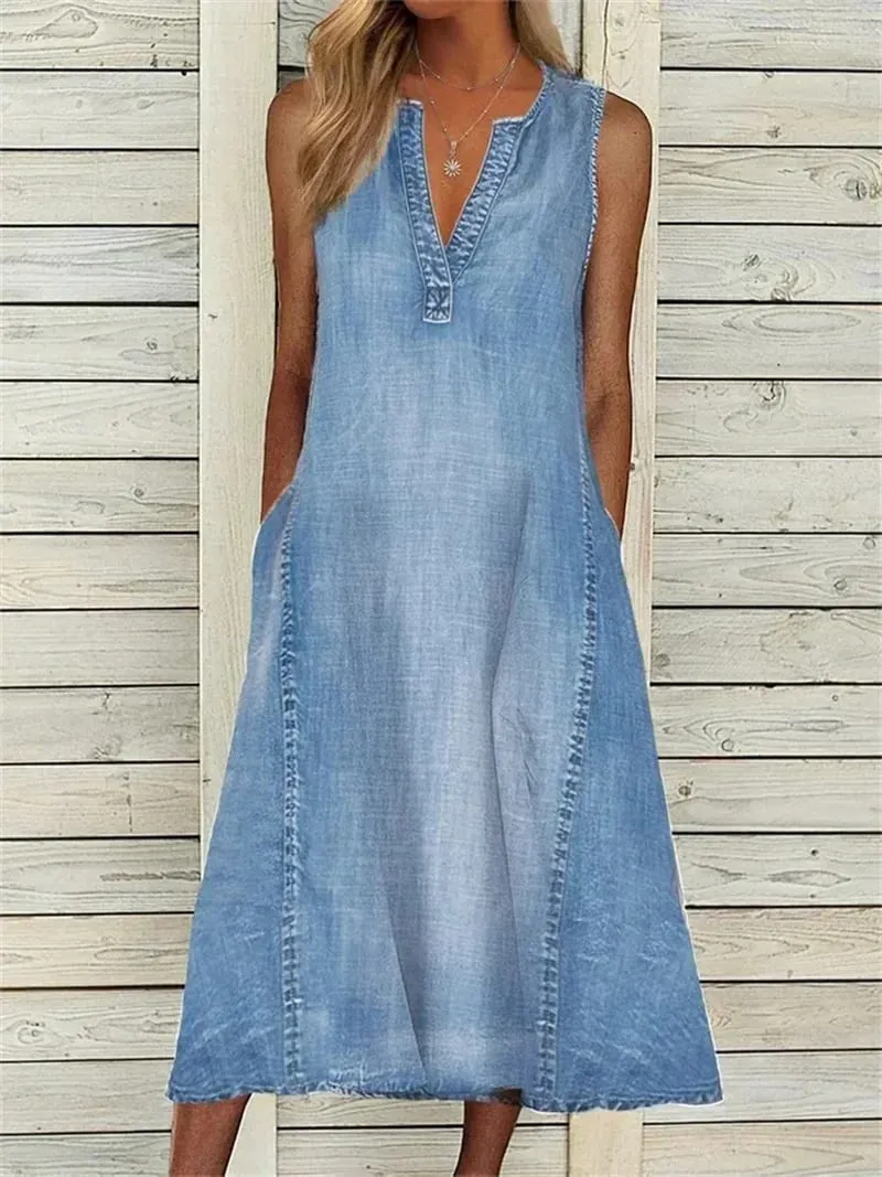 Women Side Double Pocket Deep V Neck Pullover Dress Thin Denim Sleeveless Dresses 2024 Summer Casual Female Office Commuter Gown — image 4