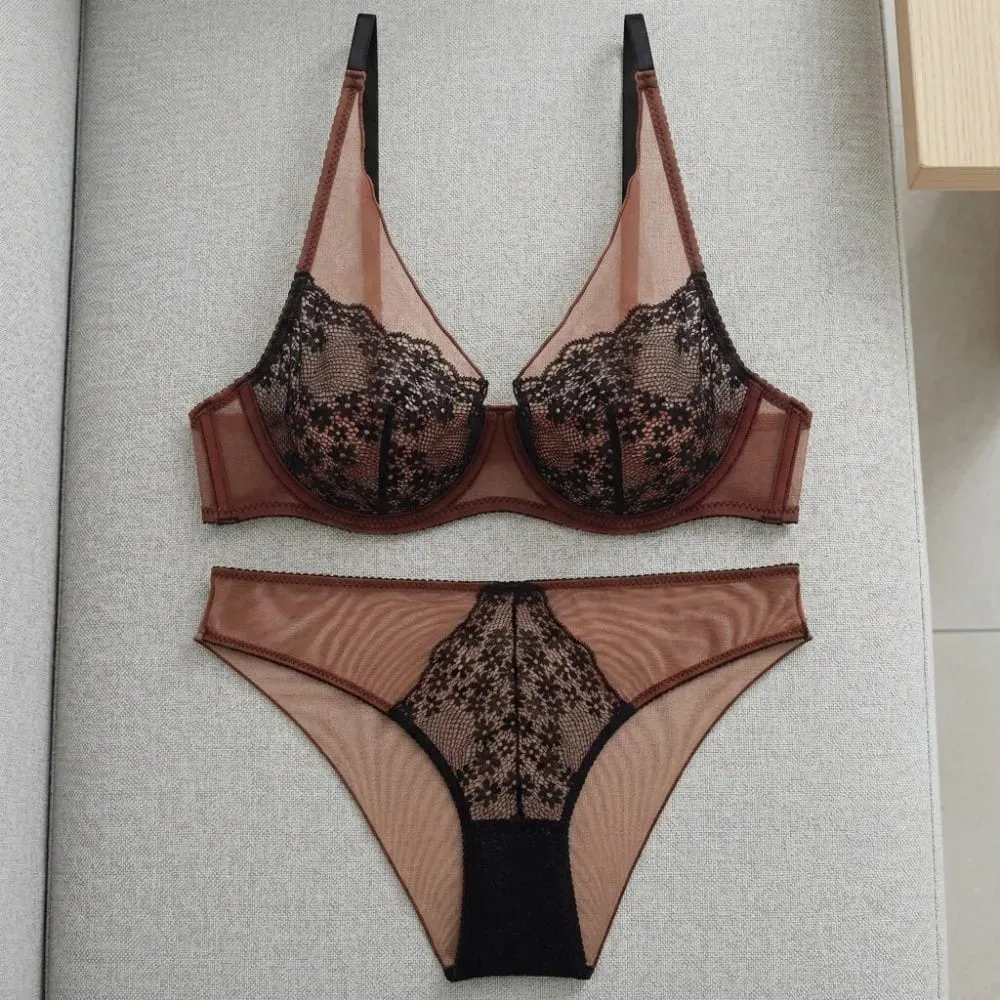 Sweet Mesh Lace Flower Bra Set Lingerie Brassiere Push Up Bra Women Seamless Underwear Lace Floral Underpants Home — image 4