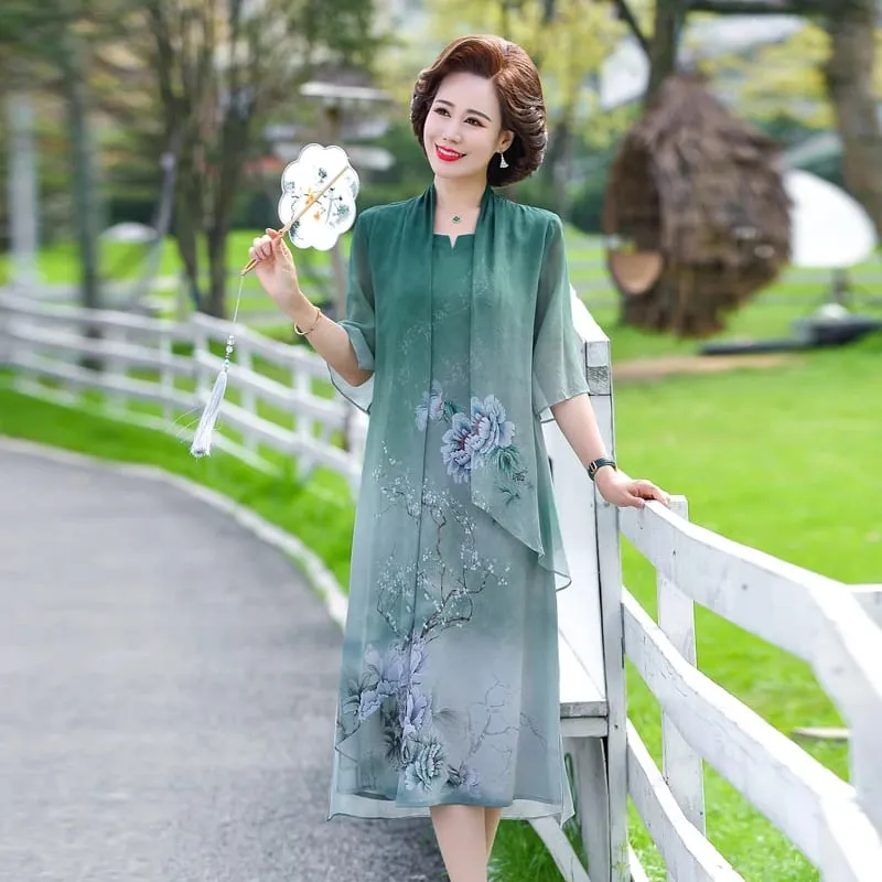 Fake two Summer Silk Middle Aaged Women Chiffon Short Sleeve Midi Dress Female Elegant Mother Dresses Vestitos — image 4
